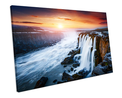 Sunset Waterfall Iceland Living room Wall Art CANVAS PRINT Box Framed Picture
