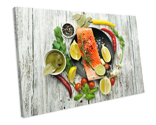 Salmon Seafood Dish Food And Drink Kitchen Box Framed CANVAS ART Picture Print