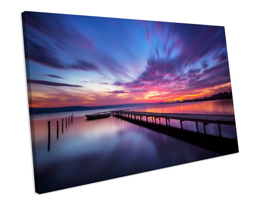 Lake Sunset Purple Box Framed CANVAS ART Picture Print