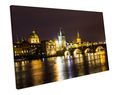 Prague Charles Bridge At Night CANVAS ART PRINT Box Framed Picture Wall Decor