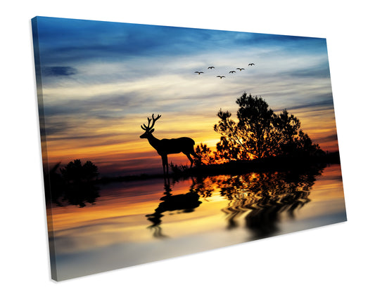 Sunset Deer Forest CANVAS WALL ART Picture Print