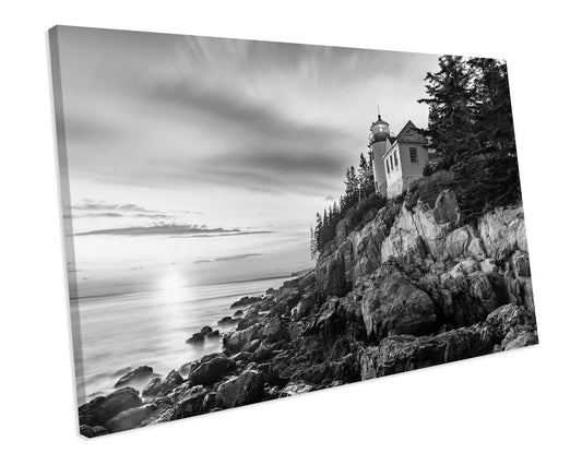 Black & White Lighthouse Landscape Canvas Art Print Framed Picture
