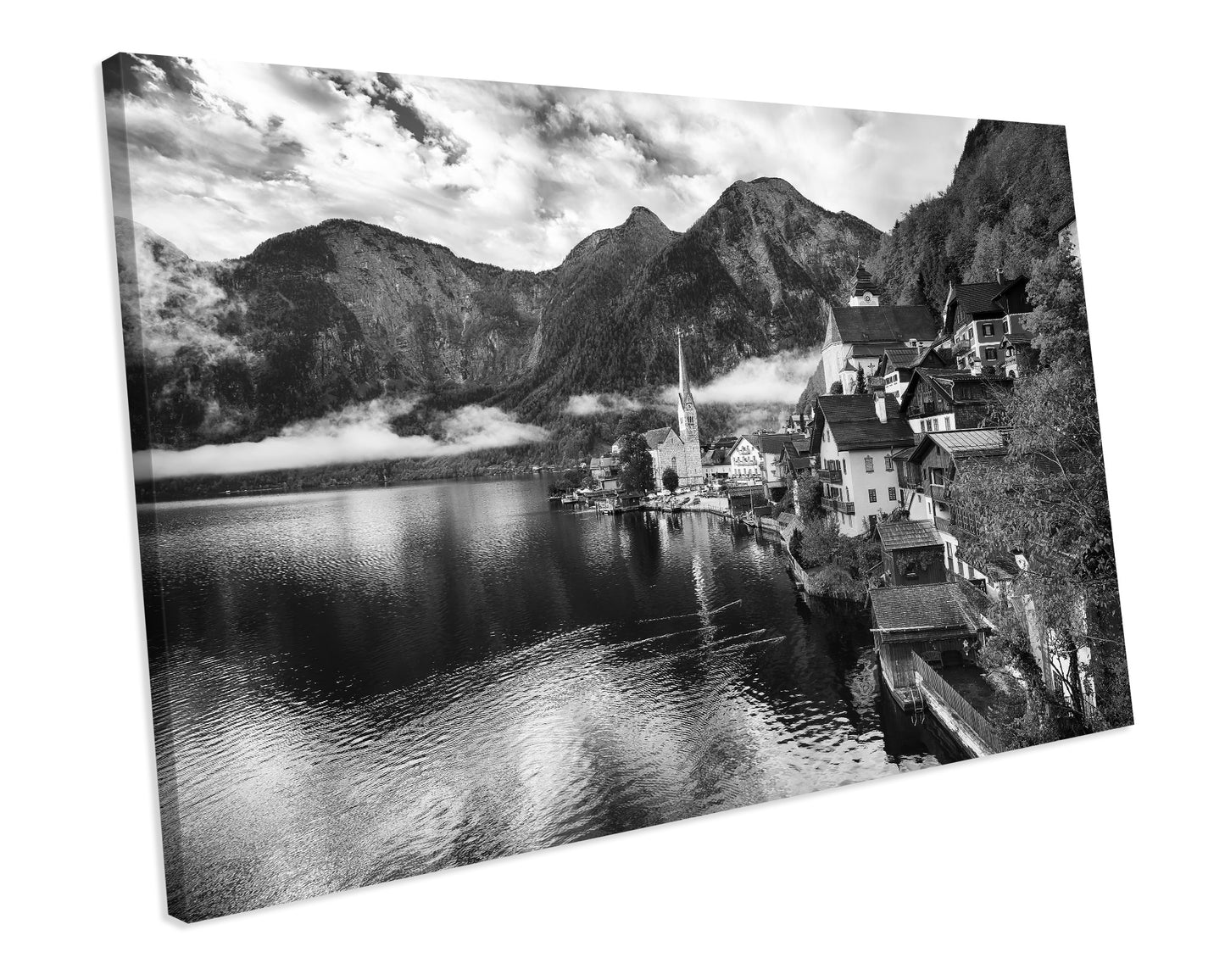 Black & White Hallstatt Lakeside Austria Alps Landscape Europe Canvas Art Print Framed Picture