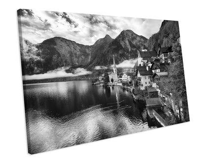 Black & White Hallstatt Lakeside Austria Alps Landscape Europe Canvas Art Print Framed Picture