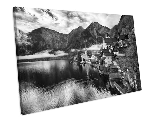 Black & White Hallstatt Lakeside Austria Alps Landscape Europe Canvas Art Print Framed Picture