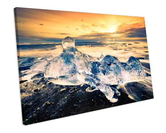 Sunset Ice Beach Iceland Seascape Canvas Art Print Framed Picture