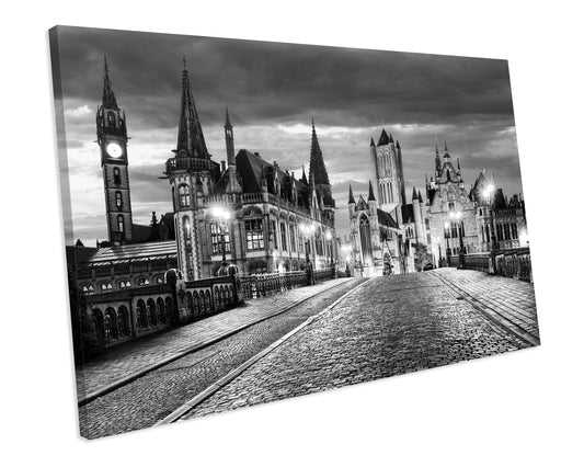 Black & White Ghent Belgium City Sunset CANVAS WALL ART Box Framed Picture Print