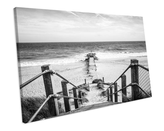 Black & White Bournemouth Beach Seascape CANVAS WALL ART Box Framed Picture Print