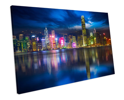 Night Lights Hong Kong Skyline CANVAS WALL ART Box Framed Picture Print