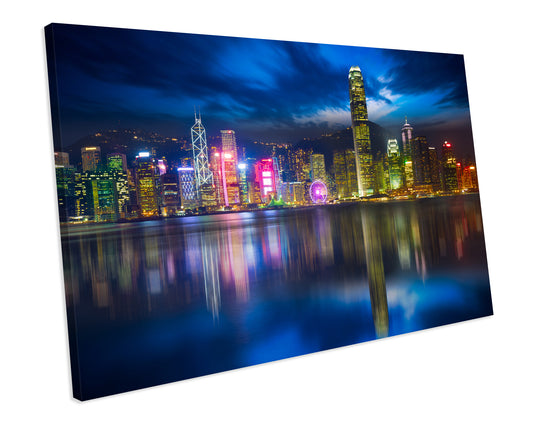 Night Lights Hong Kong Skyline CANVAS WALL ART Box Framed Picture Print