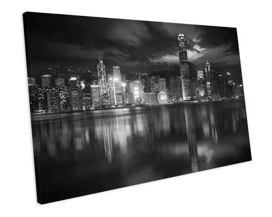 Black & White Hong Kong Skyline CANVAS WALL ART Box Framed Picture Print