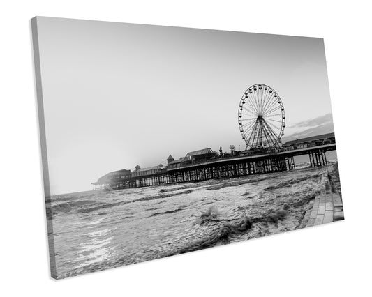 Blackpool Central Pier Black & White CANVAS WALL ART Box Framed Picture Print