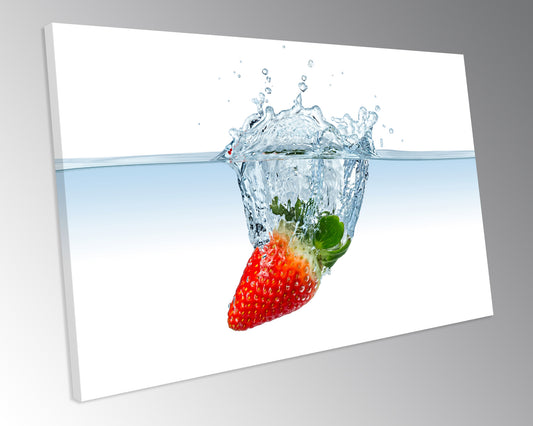 Strawberry Splash Fruit Kitchen CANVAS WALL ART Box Framed Picture Print