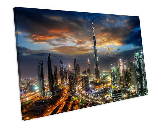 Dubai Sunset Cityscape CANVAS WALL ART Box Framed Picture Print