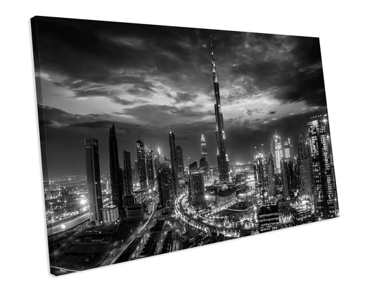 Black & White Dubai Sunset Cityscape CANVAS WALL ART Box Framed Picture Print
