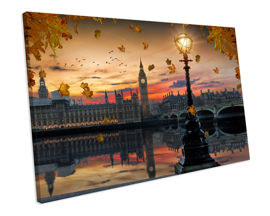 Autumn London Golden Sunset Westminster CANVAS WALL ART Box Framed Picture Print