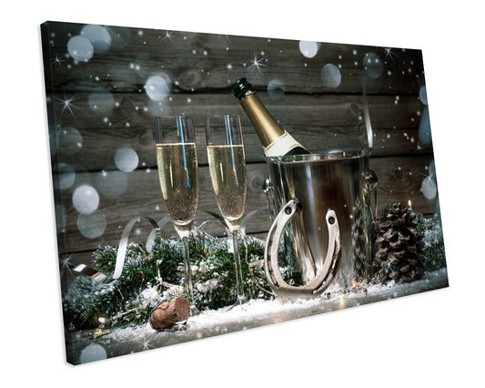 Festive New Years Eve Champagne Bottle Drinks Kitchen CANVAS WALL ART Box Framed Picture Print
