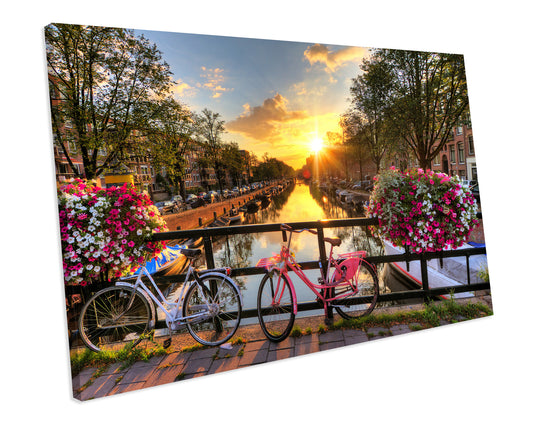 Sunset Amsterdam Flower Cityscape CANVAS WALL ART Box Framed Picture Print