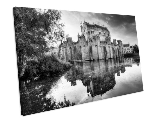 Castle Gravensteen Belgium Black & White CANVAS WALL ART Box Framed Picture Print