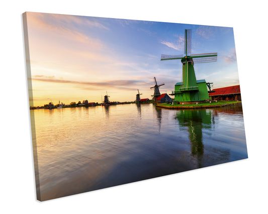 Sunset Windmills Netherlands Countryside CANVAS WALL ART Box Framed Picture Print