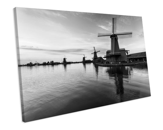 Black & White Windmills Netherlands Countryside CANVAS WALL ART Box Framed Picture Print