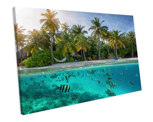 Landscape Split View Tropical Beach Under The Sea CANVAS WALL ART Box Framed Picture Print