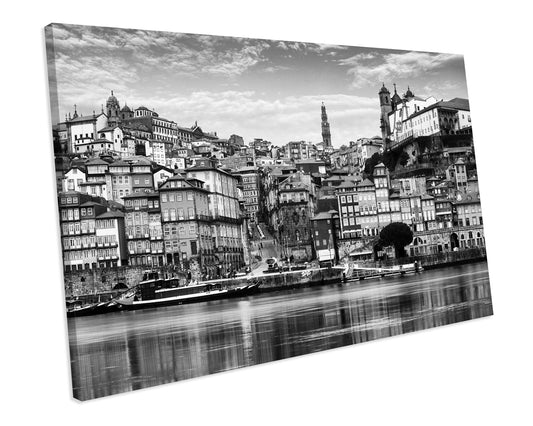 Black & White Porto Portugal Cityscape CANVAS WALL ART Box Framed Picture Print