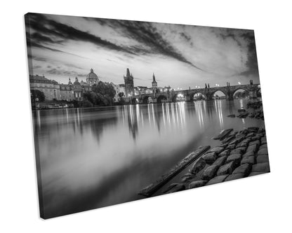 Black & White Prague City CANVAS WALL ART Box Framed Picture Print