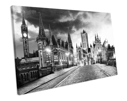 Belgium Historic City Of Ghent Black And White CANVAS WALL ART Box Framed Picture Print