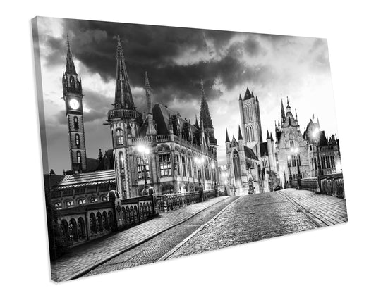 Belgium Historic City Of Ghent Black And White CANVAS WALL ART Box Framed Picture Print