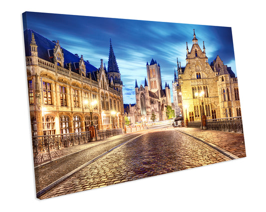 Night Sunset Medieval Ghent Belgium Cityscape CANVAS WALL ART Box Framed Picture Print