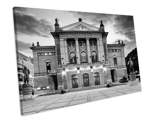 Black & White Oslo National Theatre Norway Landmark CANVAS WALL ART Box Framed Picture Print