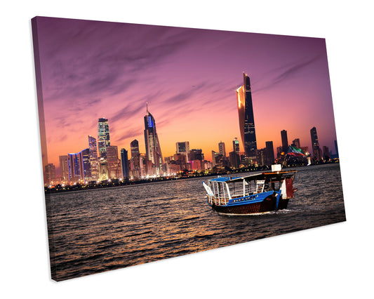 Kuwait Skyline Sunset CANVAS WALL ART Box Framed Picture Print