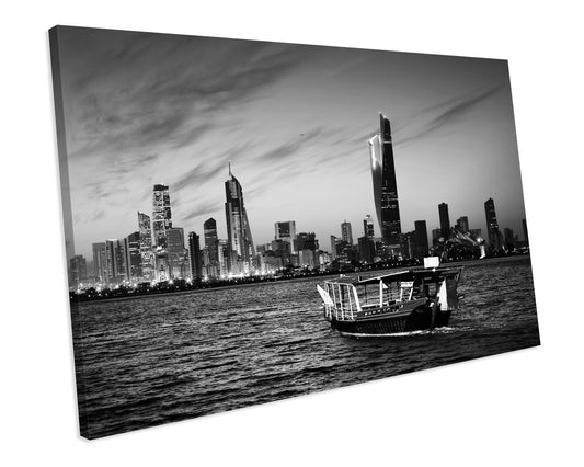 Kuwait Skyline Black And White CANVAS WALL ART Box Framed Picture Print