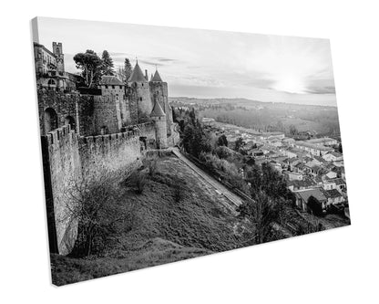 Carcassonne City France Black & White CANVAS WALL ART Box Framed Picture Print