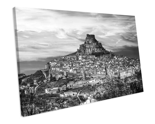 Medieval Village Morella Castellon Spain Castle Black & White CANVAS ART PRINT Box Framed Picture Wall Decor