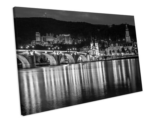 Old Bridge Castle Neckar River Heidelberg City Germany Black And White CANVAS ART PRINT Box Framed Picture Wall Decor
