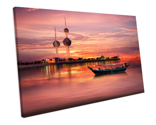 Old Arabian Boat Kuwait Sunset City Skyline CANVAS WALL ART Box Framed Picture Print