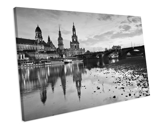 Dresden At Dusk Germany Cityscape Black & White CANVAS WALL ART Box Framed Picture Print