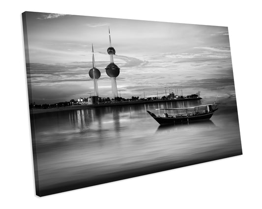 Old Arabian Boat Kuwait Sunset City Skyline Black & White CANVAS WALL ART Box Framed Picture Print