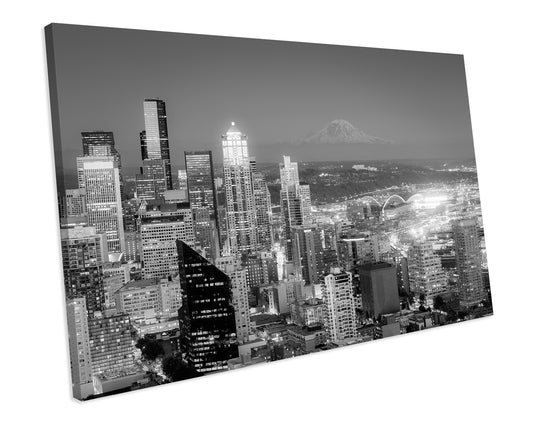 Seattle Skyline Black & White CANVAS WALL ART Box Framed Picture Print