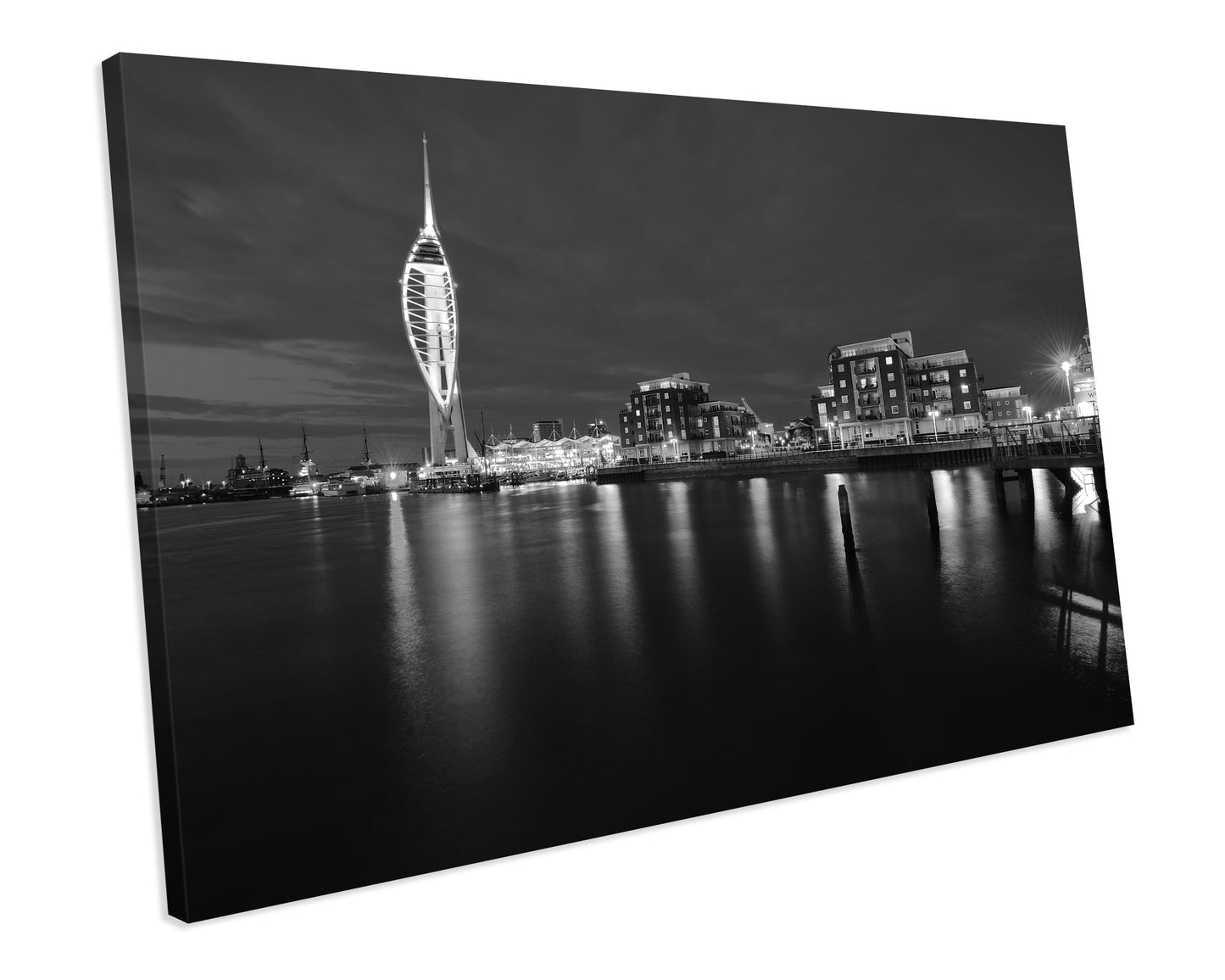 Portsmouth At Night Cityscape Black And White CANVAS WALL ART Box Framed Picture Print