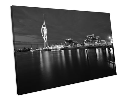 Portsmouth At Night Cityscape Black And White CANVAS WALL ART Box Framed Picture Print