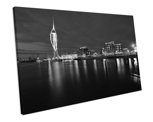 Portsmouth At Night Cityscape Black And White CANVAS WALL ART Box Framed Picture Print