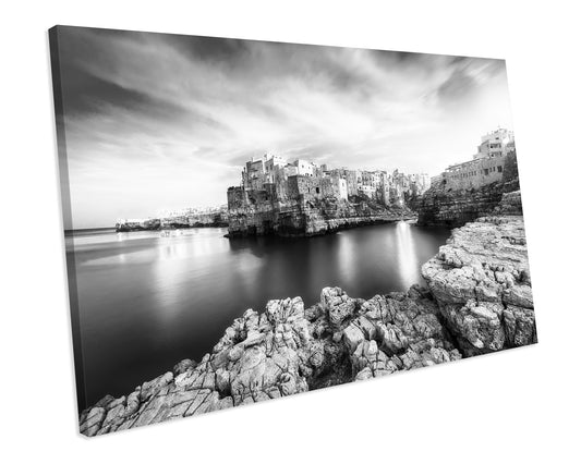 Italian Sunset Village By The Coast Black & White Landscape CANVAS WALL ART Box Framed Picture Print
