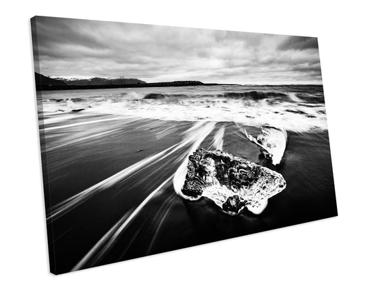 Iceland Diamond Beach Winter Seascape Black & White CANVAS WALL ART Box Framed Picture Print