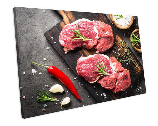 Raw Beef Steak Food Kitchen CANVAS WALL ART Box Framed Picture Print