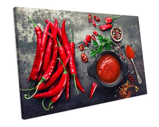 Red Hot Cilli Food Kitchen CANVAS WALL ART Box Framed Picture Print