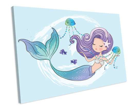 Kids Bedroom Mermaid Cartoon CANVAS WALL ART Box Framed Picture Print