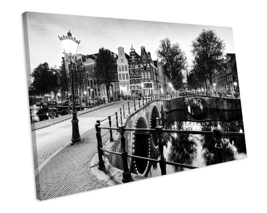 Amsterdam At Night City Black & White CANVAS WALL ART Box Framed Picture Print